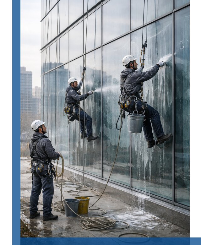 Промышленная мойка панорамных окон на высоте в Рузаевке