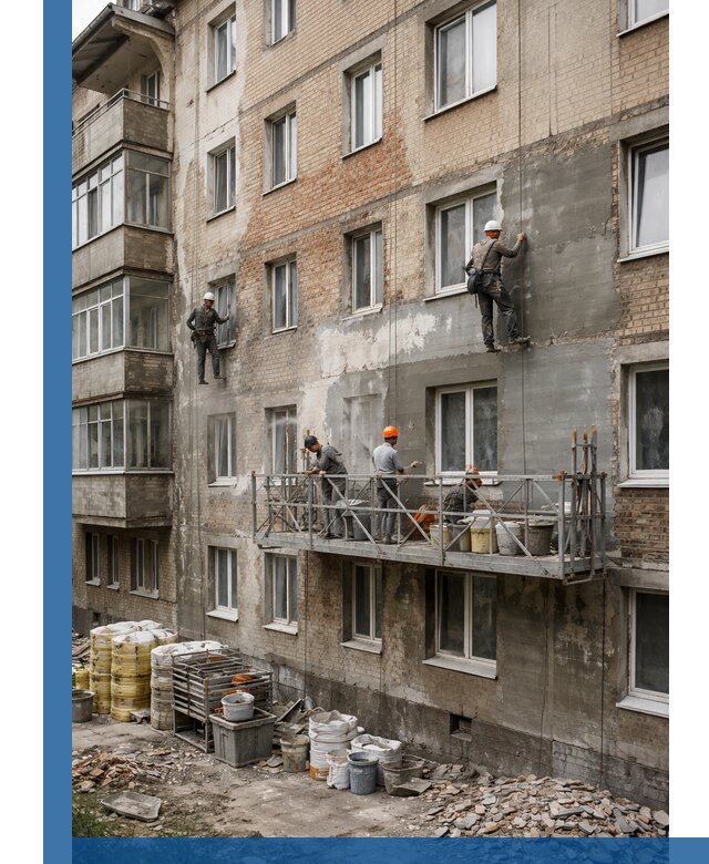 Капитальный ремонт фасада в Рузаевке с восстановлением и гидроизоляцией