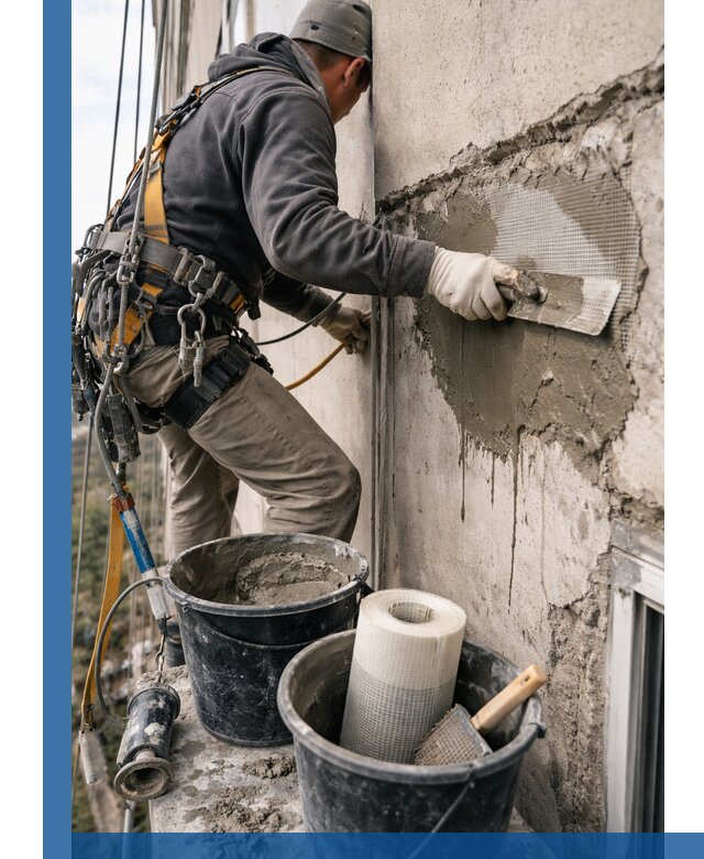 Ремонт бетонных элементов фасада промышленными альпинистами в Рузаевке