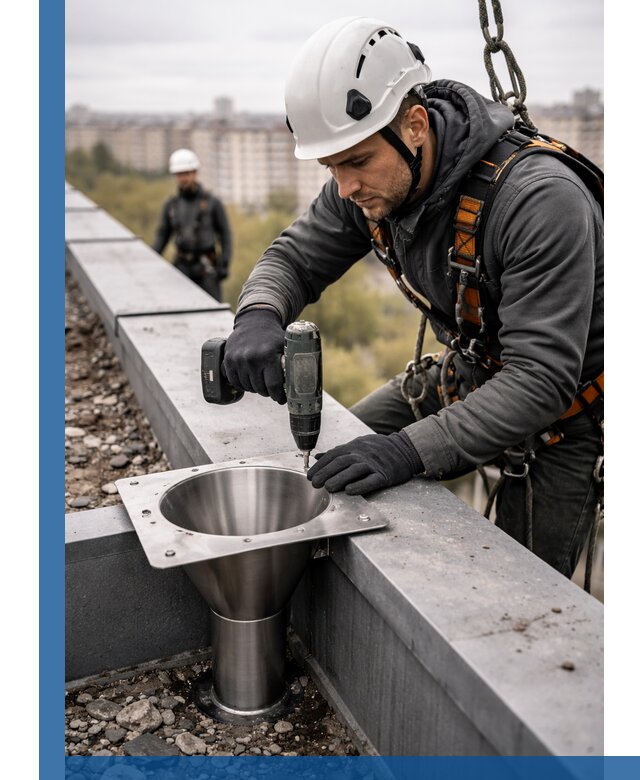 Монтаж водосточных воронок в Рузаевке для промышленных зданий