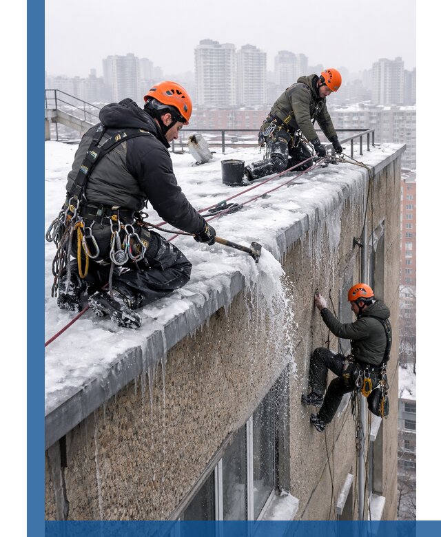 Удаление наледи с кровли в Рузаевке промышленными альпинистами