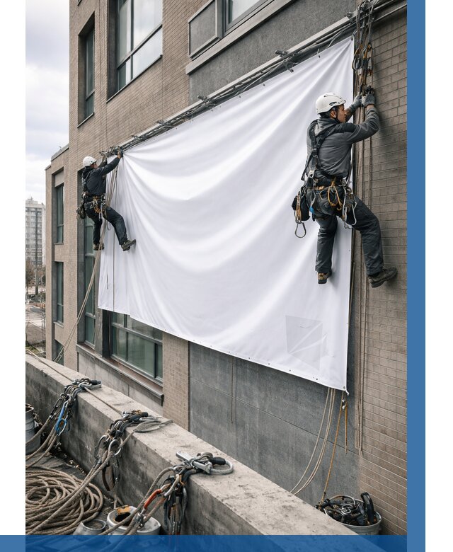 Монтаж баннеров на фасаде в Рузаевке от 674 р. заказать ВЫСОТНИК-Рзв