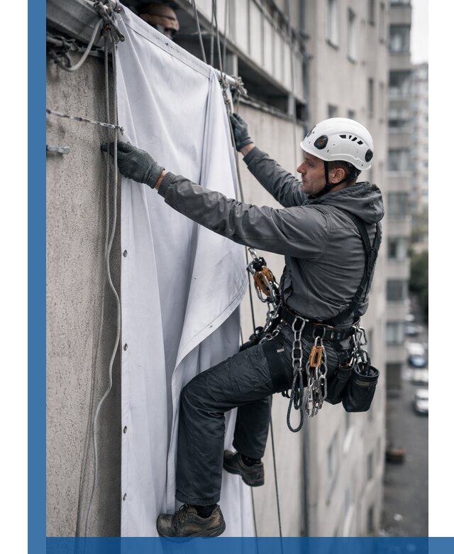 Замена баннерного полотна промышленными альпинистами в Рузаевке
