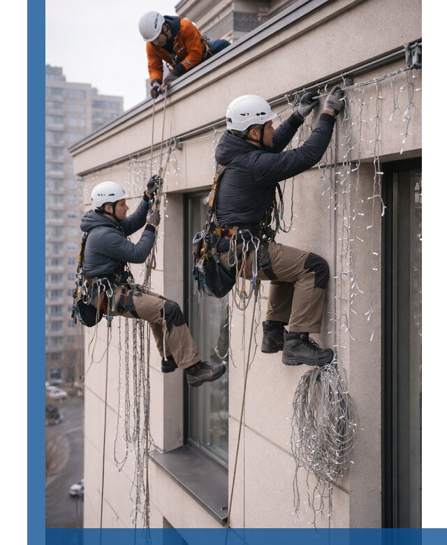 Монтаж праздничных гирлянд на фасаде в Рузаевке для зданий