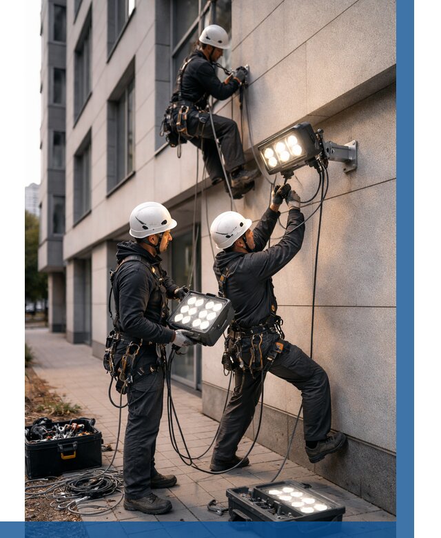 Монтаж прожекторов на фасаде в Рузаевке от 7776 р. | ВЫСОТНИК-Рзв