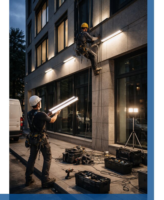 Монтаж архитектурной подсветки здания в Рузаевке от 2592 р.|ВЫСОТНИК-Рзв