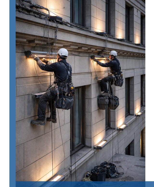 Монтаж архитектурной подсветки фасадов зданий в Рузаевке