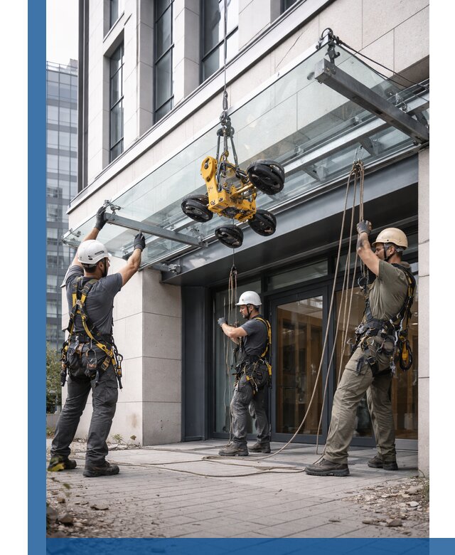 Монтаж стеклянных козырьков под ключ в Рузаевке для зданий